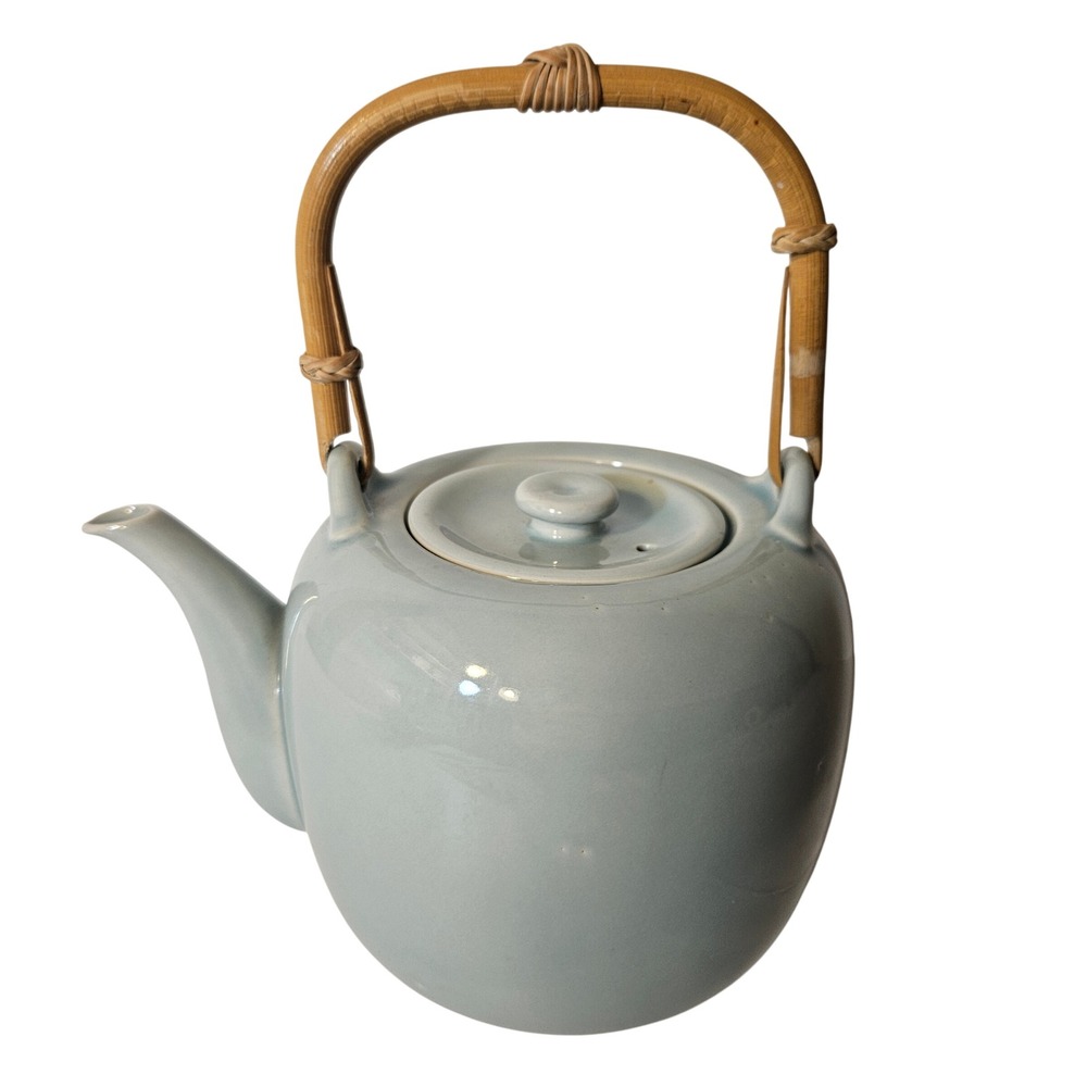 Taylor and NG Vintage Celadon Blue Ceramic Teapot with Bamboo Handle Japan
